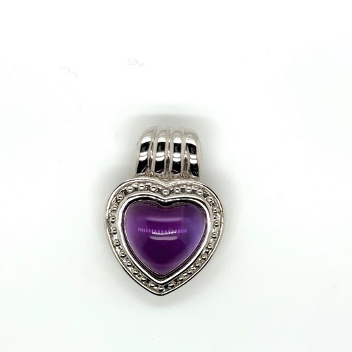 14KT WHITE GOLD CABOCHON AMETHYST HEART SLIDE PENDANT 2.8 GRAMS