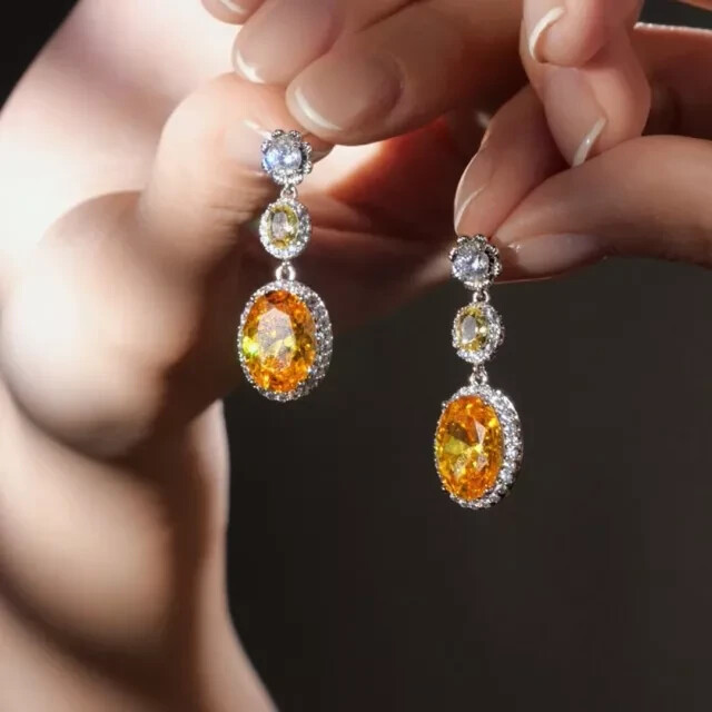 2Ct Oval Citrine Drop Dangle Earrings in 14K White Gold Plated