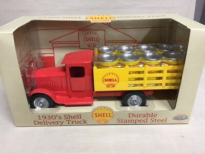 SHELL OIL PRESSED STEEL STAKE DELIVERY TRUCK +8 SHELL BARRELS GEARBOX METALCRAFT