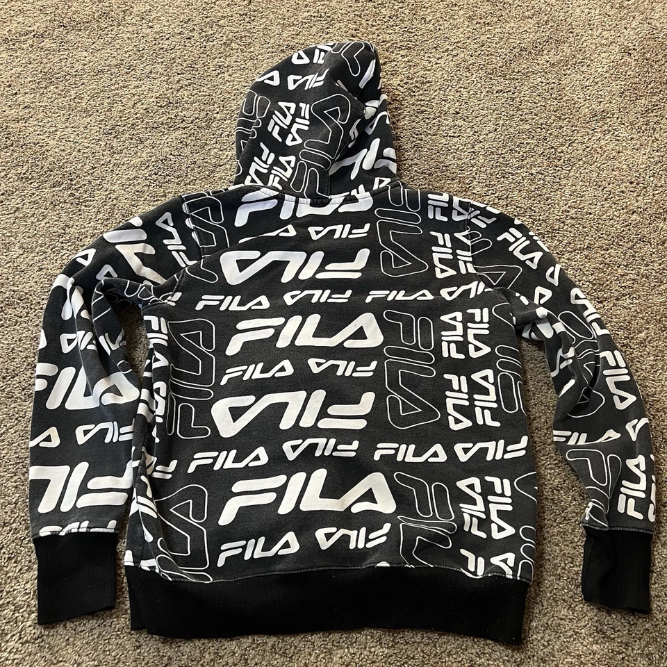 FILA Logo Gráfico Retro Hip Hop Streetwear NEGRO BLANCO ESTAMPADO CREMALLERA SUDADERA CON CAPUCHA Foto 2 de 4