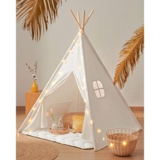 Indoor Kids Teepee Play Tent with Padded Mat Star Lights Foldable Cotton