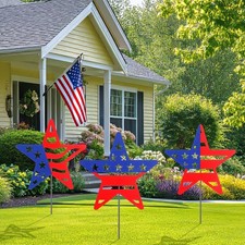 3 Pcs Patriotic Star Yard Signs 4th of July Outdoor Lawn Decorations Red Whit...