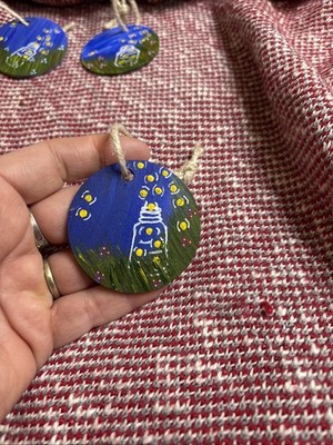 Handpainted Fireflies Escaping From Jar With Purple Flowers Ornament
