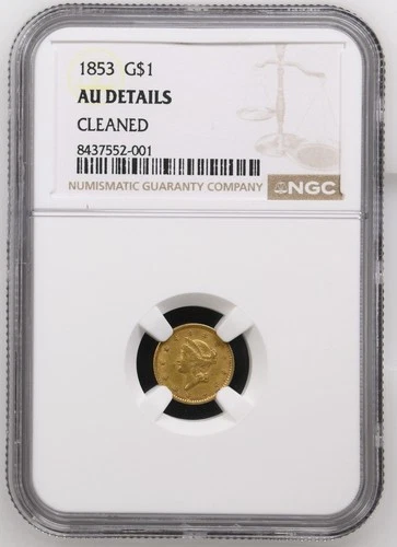 1853 United States One Dollar Gold Coin Liberty Head  / NGC UNC / Cleaned