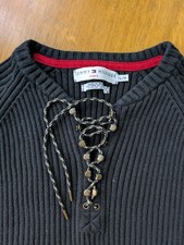 Vintage Tommy Hilfiger Sweater L Black Ribbed Lace-Up Y2K 2003 Japan Women  s Top