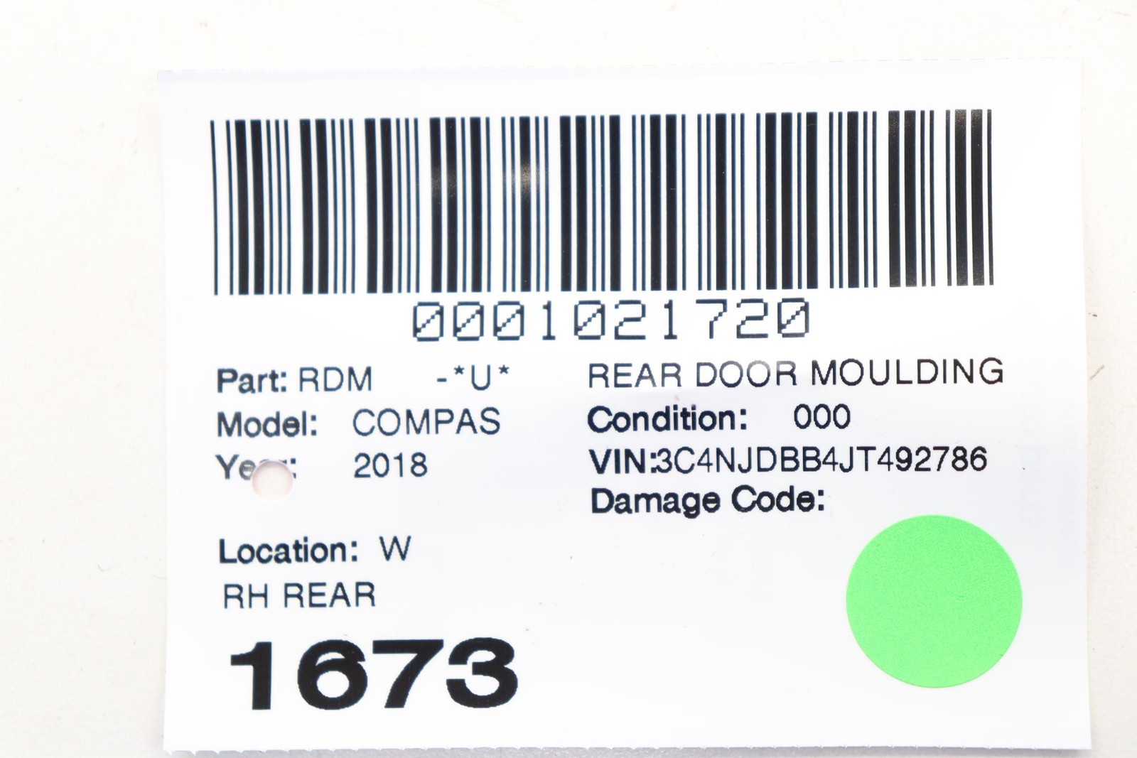 2017 - 2025 JEEP COMPASS REAR RIGHT SIDE DOOR WINDOW GLASS WEATHERSTRIP OEM