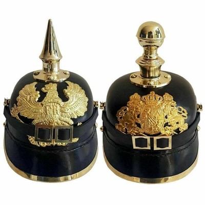 2er Set Deutsche Pickelhaube Helme Leder Messing Stacheln Offizier Replik Wea...