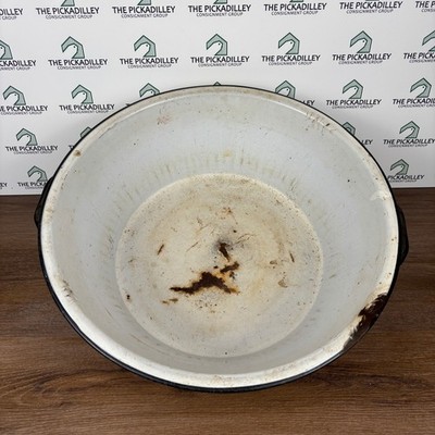 Vintage Enamel Wash Basin Bowl White Black Rim Handles Rustic Farmhouse Decor