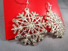 New 1.5" Silver Tone Winter Snowflakes Clear Crystal Post Hook Earrings 202W