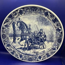 Vtg Chemkefa Delfts Blauw Wall Plate Horse with Carriage Holland 11 3/4"  No. 17