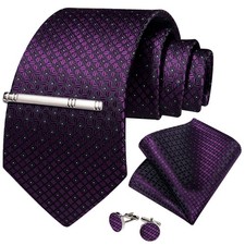 Purple Plaids Necktie Mens Tie Hankie Cufflinks Tie Pin Set Gift Event