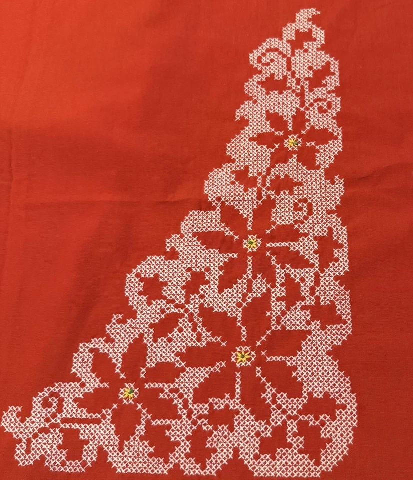 VTG Red Cross Stitch Tablecloth Holiday Poinsettias 58x85 Cottagecore Handmade - Image 3 of 4