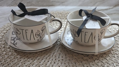 #ad RAE DUNN Magenta Tea Cup amp; Saucer w Black Floral Pattern TEA Gift 2 sets $32.99