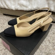 Chanel Classic Slingback Heel Shoes Toe Cap EU 39.5 US 9.5 Black Beige Goatskin