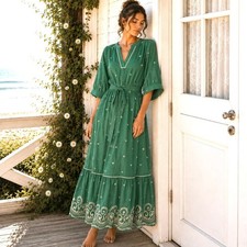 Anthropologie Fig & Flower Sz Medium Maxi Dress Coastal Cottagecore Prairie Boho