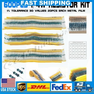 600pcs 30 Values 1/4W Metal Film Resistors Resistance Assortment Kit Set 1% USA
