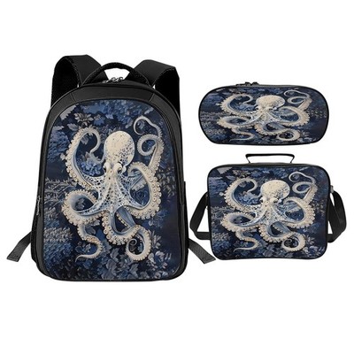 Octopus Backpack for Teens Kindergarten Elementary Middle Nautical 3-Pcs Book...