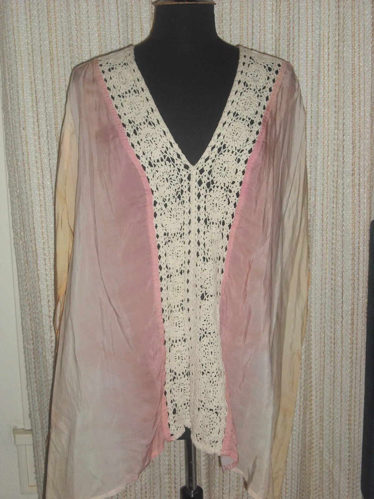 Chico's Chicos Tie Dye Cool Poncho Chiffon Pink Crochet Boho Tunic Cover-Up NWOT