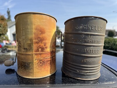 2x Vintage Jacob BROMWELL'S 3 THREE CUP MEASURING SIFTER Complete Works Great!