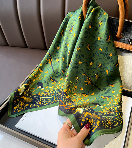 100% Silk 26” Square Scarf Women neckerchief Wrap floral green ZT208 - Picture 2 of 12