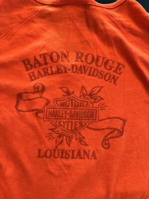 Harley-Davidson Tシャツ バトンルージュ Harley Davidson T Shirt Orange & White Striped Sleeves Women XS