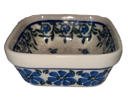 Bunzlau Castle Polish Pottery Small Dish Blue Rose Handmade Poland 4” Square