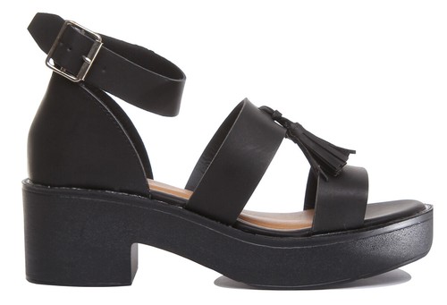 Womens Ladies Block Heel Ankle Strap Tassel Sandals In Black UK Size 3 - 8 - Picture 8 of 12