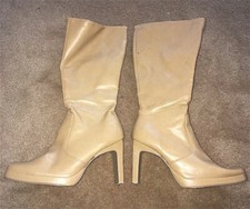 Tall Tan Beige Mid Calf Heeled Boots Side Zip Size 7