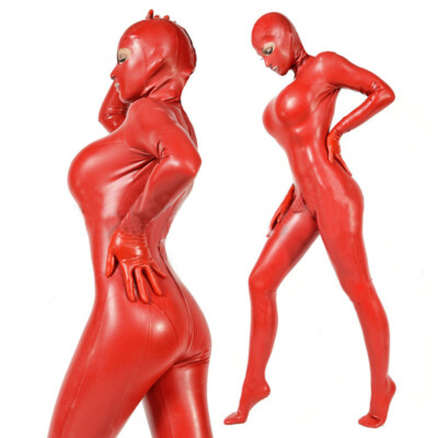 Latex Catsuit Gummi Zentai Anzug Cosplay Rubber Club Rot Overall Hood Bodys0,4mm