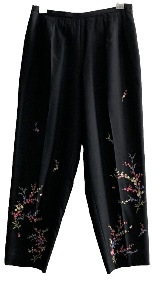TALBOTS Vintage Pure Silk Side Zip Black Embroidered Pants, 10P