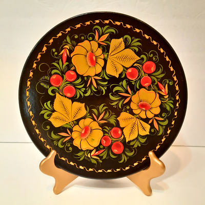 VTG Russian Folk Art Black Lacquer Hand Painted Flowers Wood
