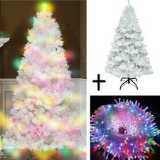 4ft/5ft/6ft/7ft White Christmas Tree With Multicolor LED Lights Bushy Pine Tree