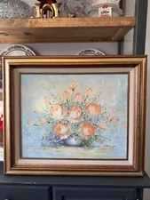 Vtg Signed Floral Oil  Canvas 22x26 Framed Painting  Cottage Core Farmhouse
