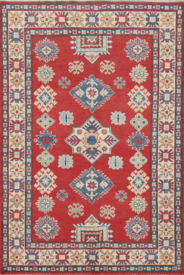 Vibrant Color Geometric Kazak Pakistani Traditional Rug Red 4x6 ft