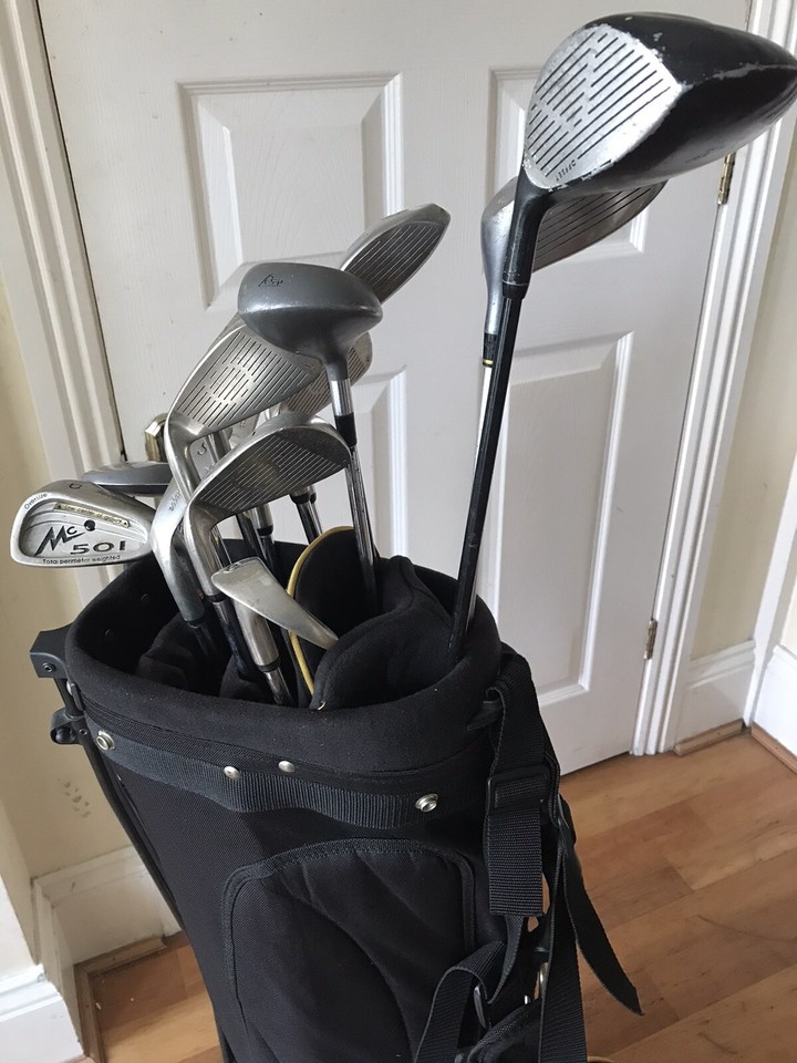 Mens Full Set Of 14 Golf Woods Irons Clubs MacGregor + Stand Bag Right
