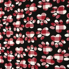 3 yards Cotton Fabric Red White Dog Paws Buffalo Plaid Dog Prints on Black
