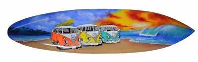 AIRBRUSH ART SURFBOARD Palm Tree Beach Ocean Surf BUS Sign Hard Wood Handmade