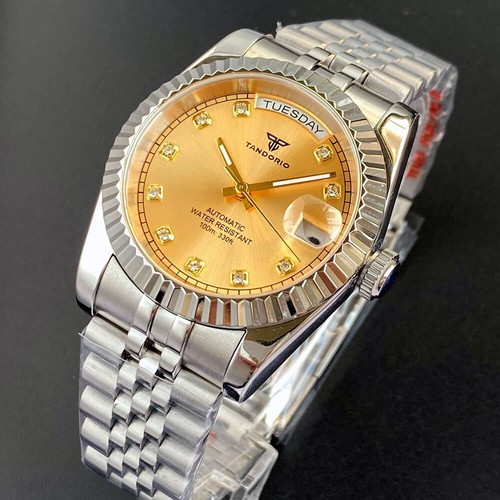 Tandorio 36mm NH35 20ATM Dive Automatic Watch Men Gold Diamond Index Date Week - Picture 2 of 5