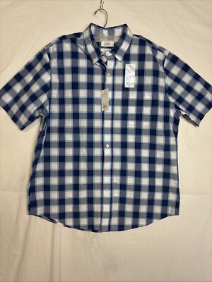 Croft Barrow Short Sleeve Men's Large Woven Blue Plaid Easy-Care Button Down NEW