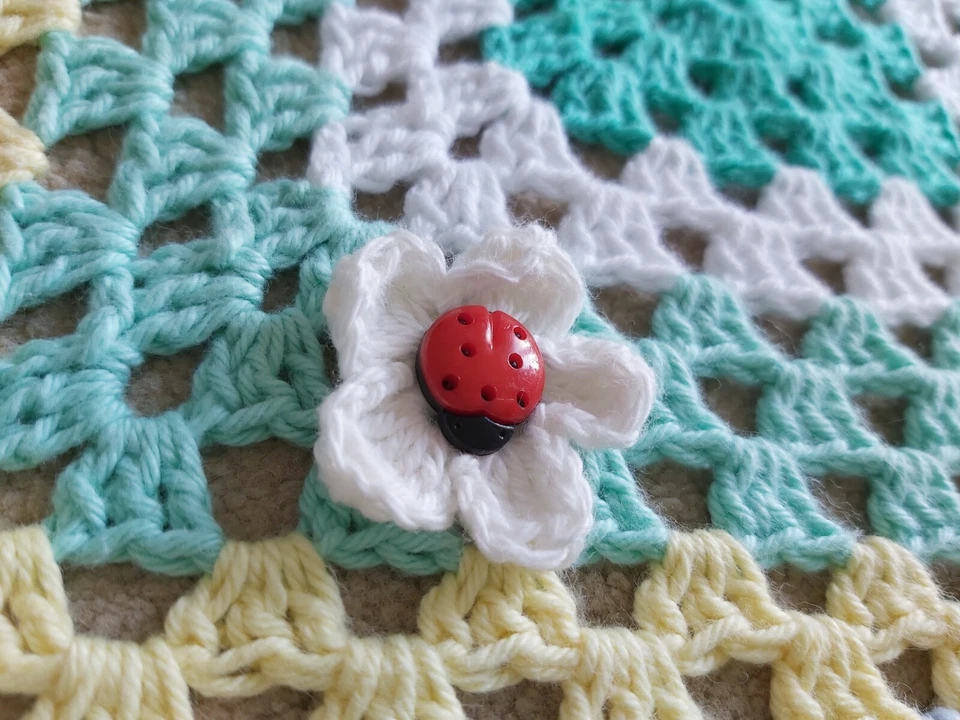 HANDMADE Crochet Baby Boy Girl Blanket in Greens, White, Yellow, Blue 70x65cm  - Image 2 of 4