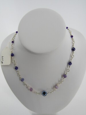 Hand Crafted Wire Wrapped 925 SS Link Chain Gemstone Evil Eye Necklace 18''