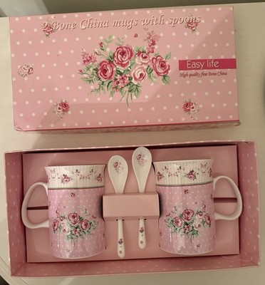 Easy life 2 Bone China Mugs With Spoons 