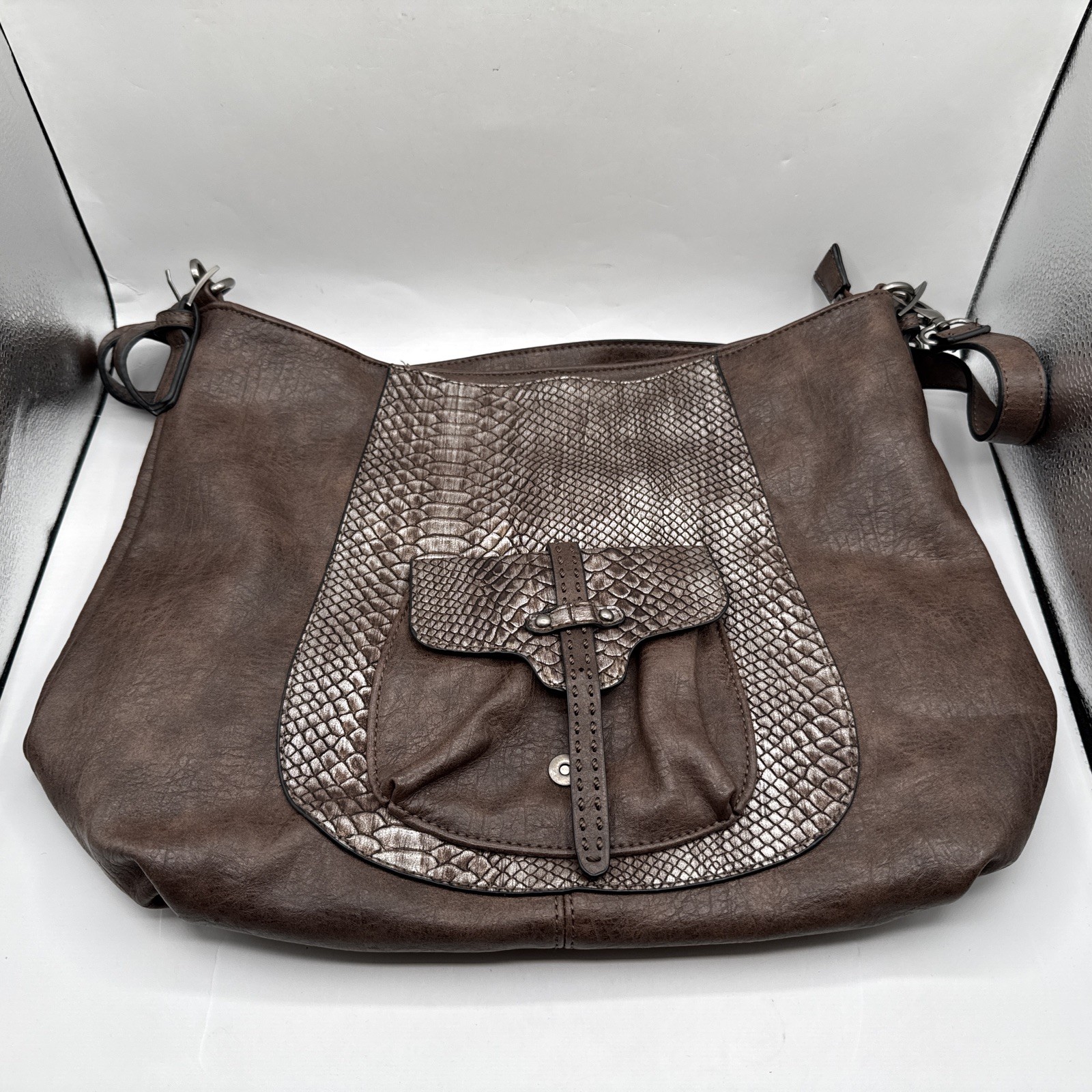 Francinel Leather Brown & Pewter Snakeskin Large Hobo Boho Crossbody Bag Purse