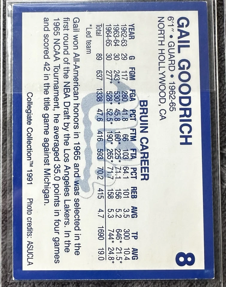 Gail Goodrich signed 1991 Collegiate Collection UCLA Bruins card #8 - Image 2 of 2