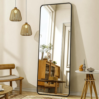 56'' Full Length Mirror with Stand - Black Rounded Corner Rectangle Design