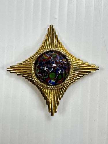 Original Gold Tone Victorian Murano Style Pin Mottled Multi Color Cabochon