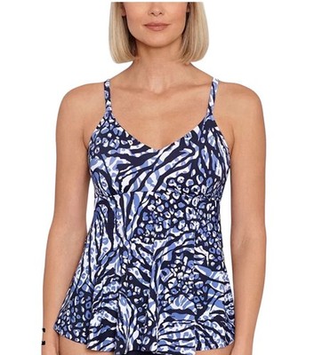 Swim Solutions Women's Printed Underwire Tankini Top Sz 12 Navy Blue