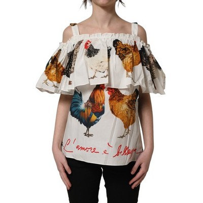 DOLCE & GABBANA Top White Rooster Print Poplin Off The Shoulder s. IT42/US8/M