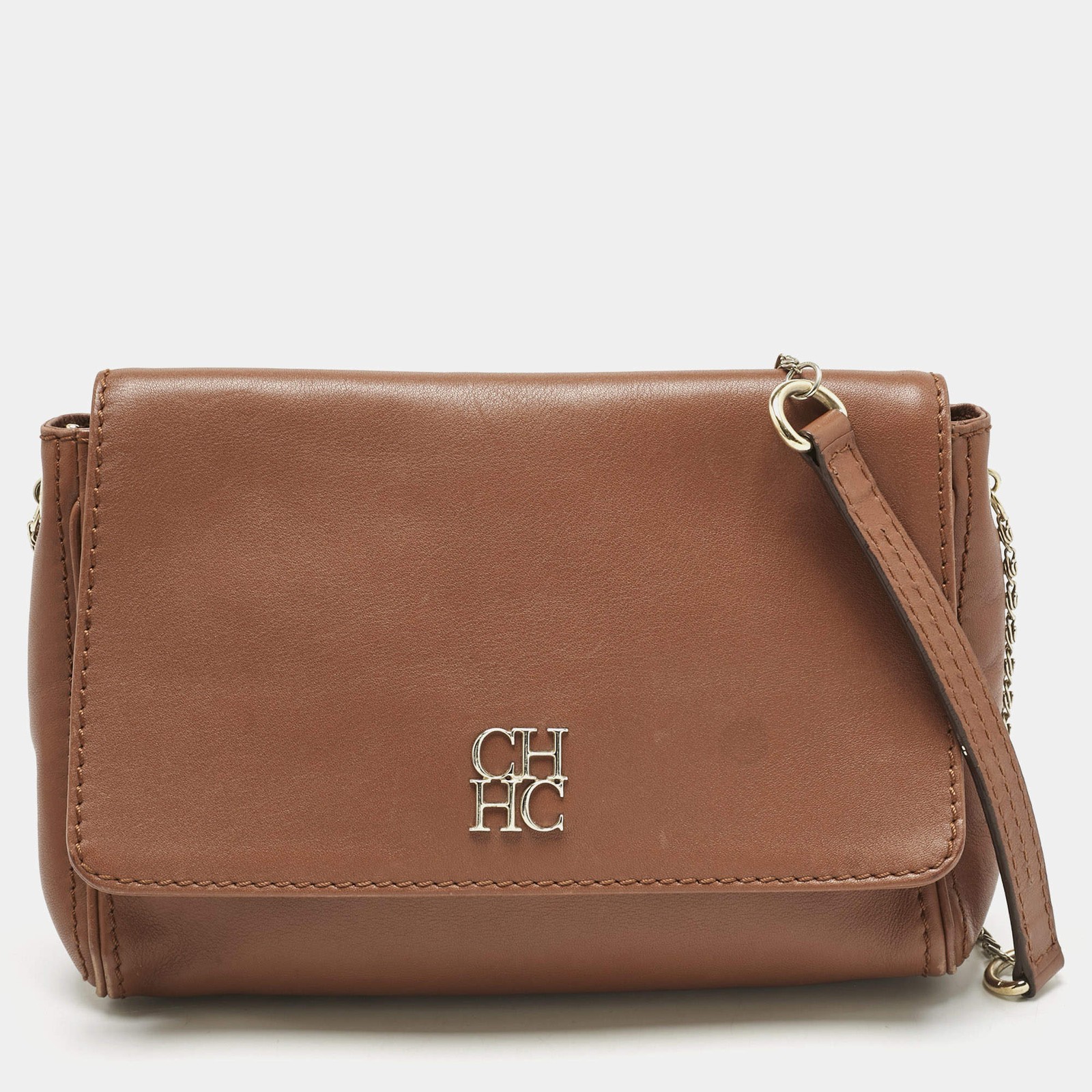 Carolina Herrera Brown Leather Flap Chain Shoulder Bag