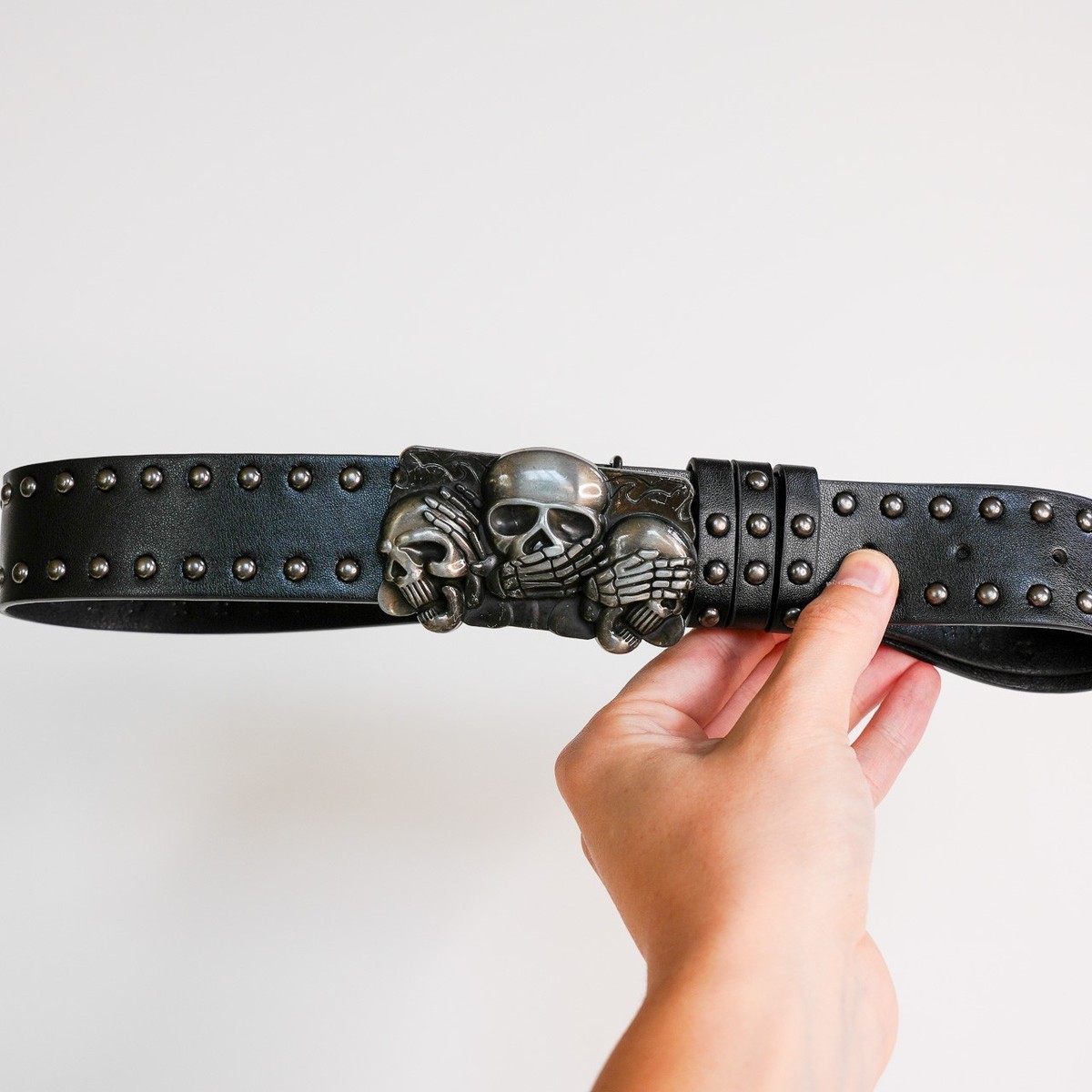 Y2K Triple Skull Studded Black Belt Black faux Punk Rock Grunge